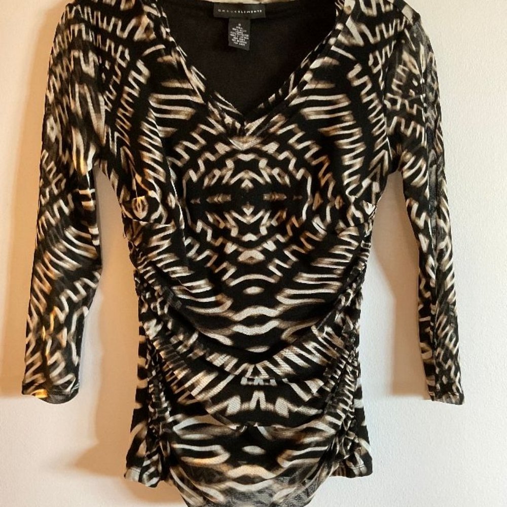 Grace Elements 3/4 sleeve black/tan/white nylon mesh top/fully lined - XS